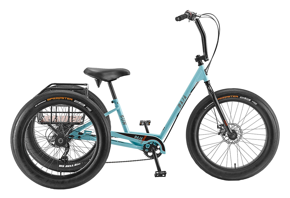 Electric SUN BICYCLES Baja Trike 24in, best ebikes bc, electric bikes canada, secure ebike, Light weight and high torque, Pedal assist, Throttle modes, heavy weight cargo, weight loss,