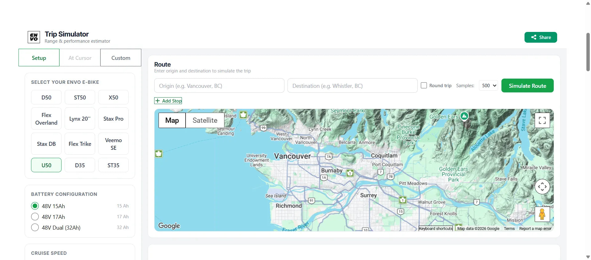 ENVO Trip Simulator, calculate the U50 range for your own route